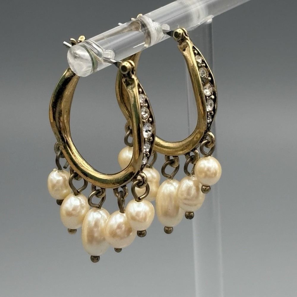 Vintage Monet Pierced Earrings Faux Pearl Rhinestone Hoops Wedding Cottagecore